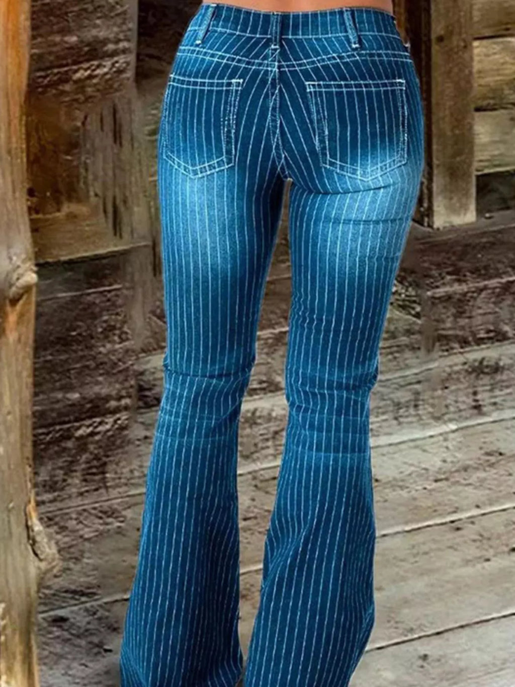 Striped Button Fly Flare Jeans
