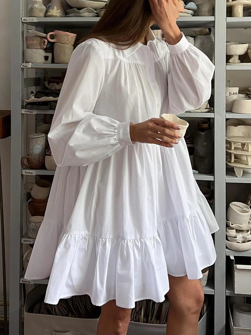Tiered Long Sleeve Shirt Dress