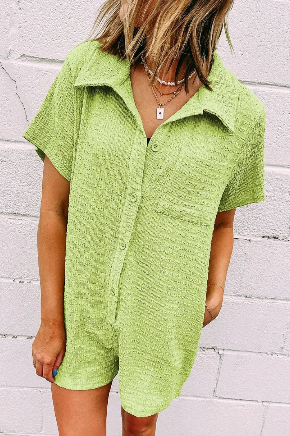 Textured Short Sleeve Patched Pocket Buttoned Romper