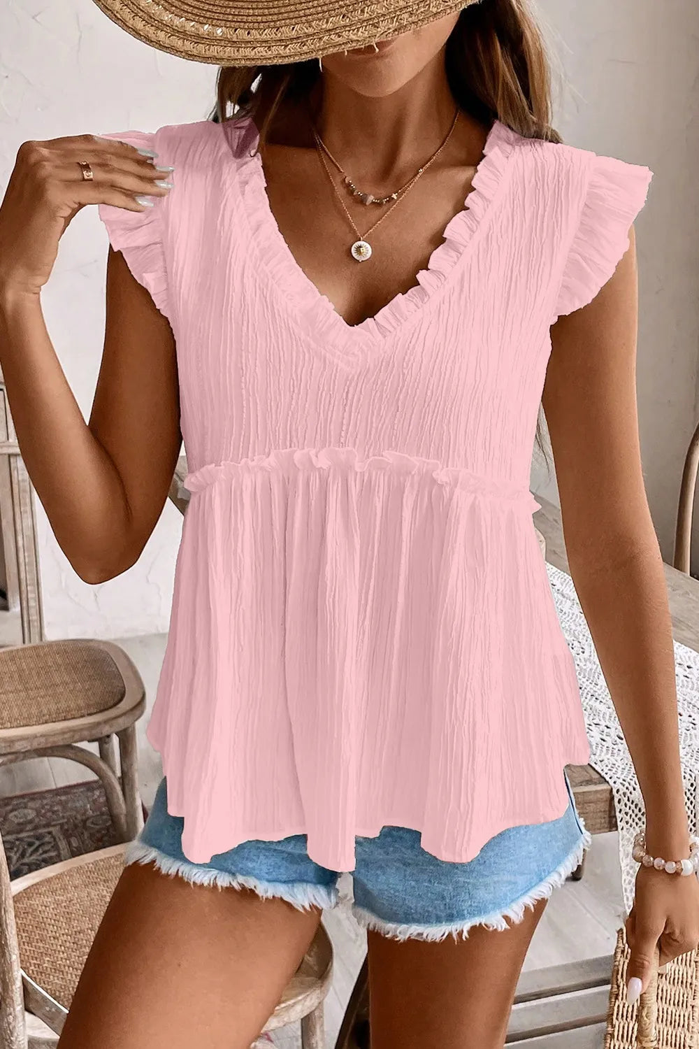 Ruffled Trim V Neck Flutter Flowy Top