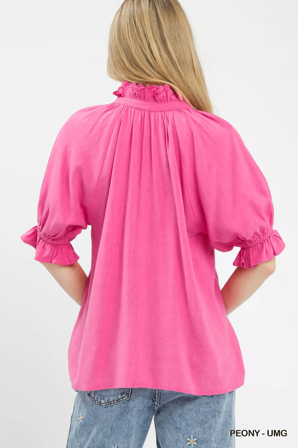 Umgee Linen Scalloped Ruffle Neck Blouse