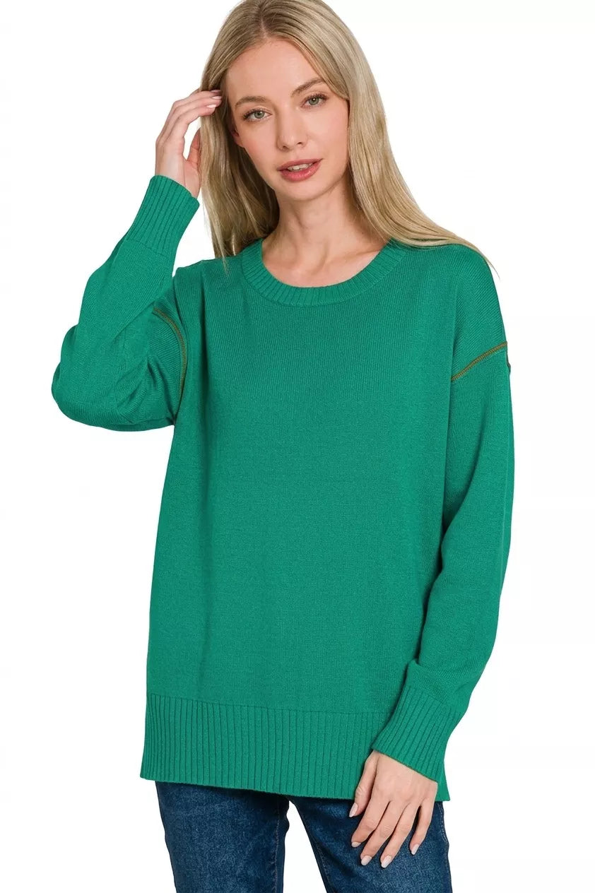 Zenana Round Neck Contrast Trim Sweater
