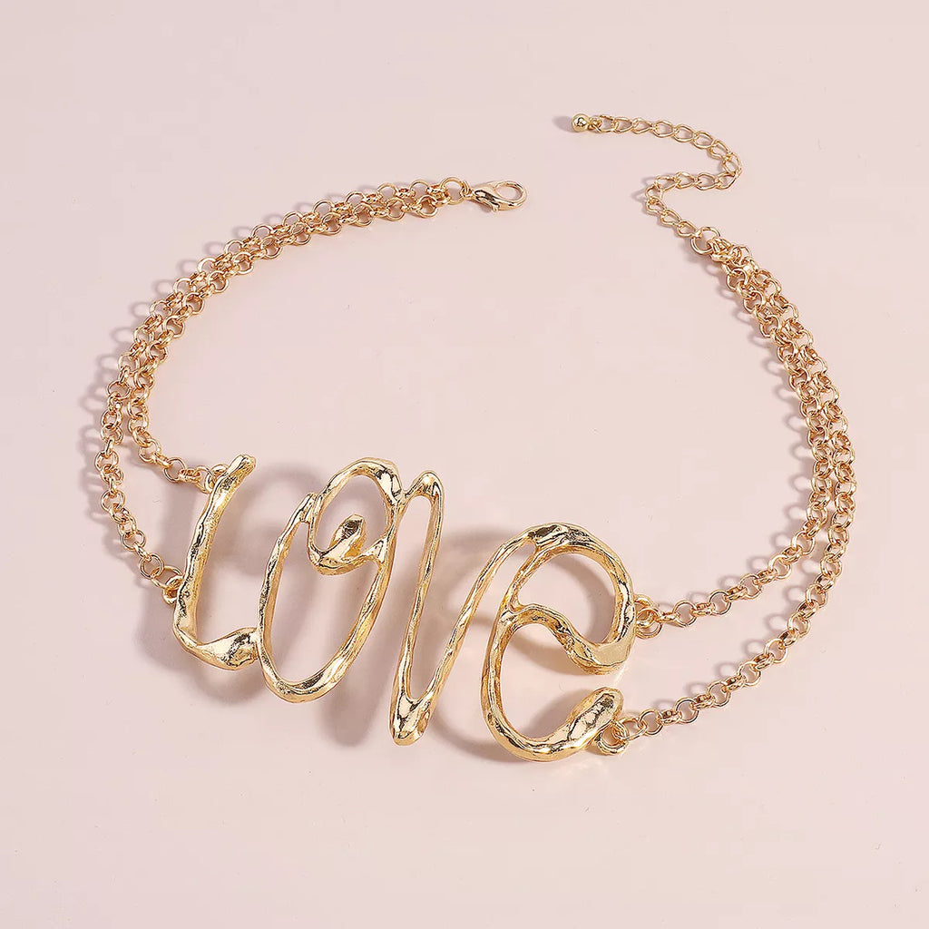 Gold Wire Love Script Statement Necklace