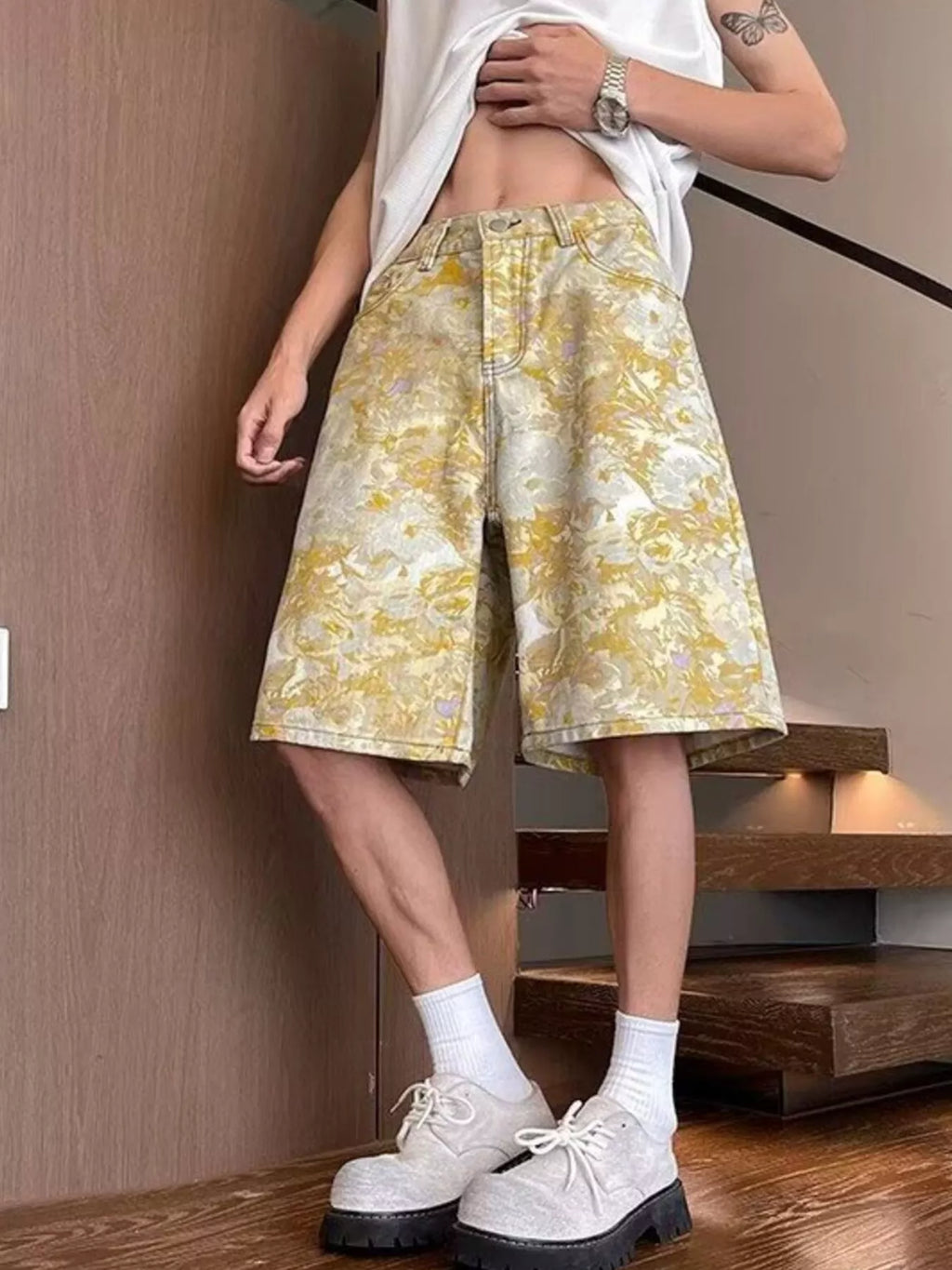 Men's Full Size Printed Wide Leg Denim Shorts Plus Size