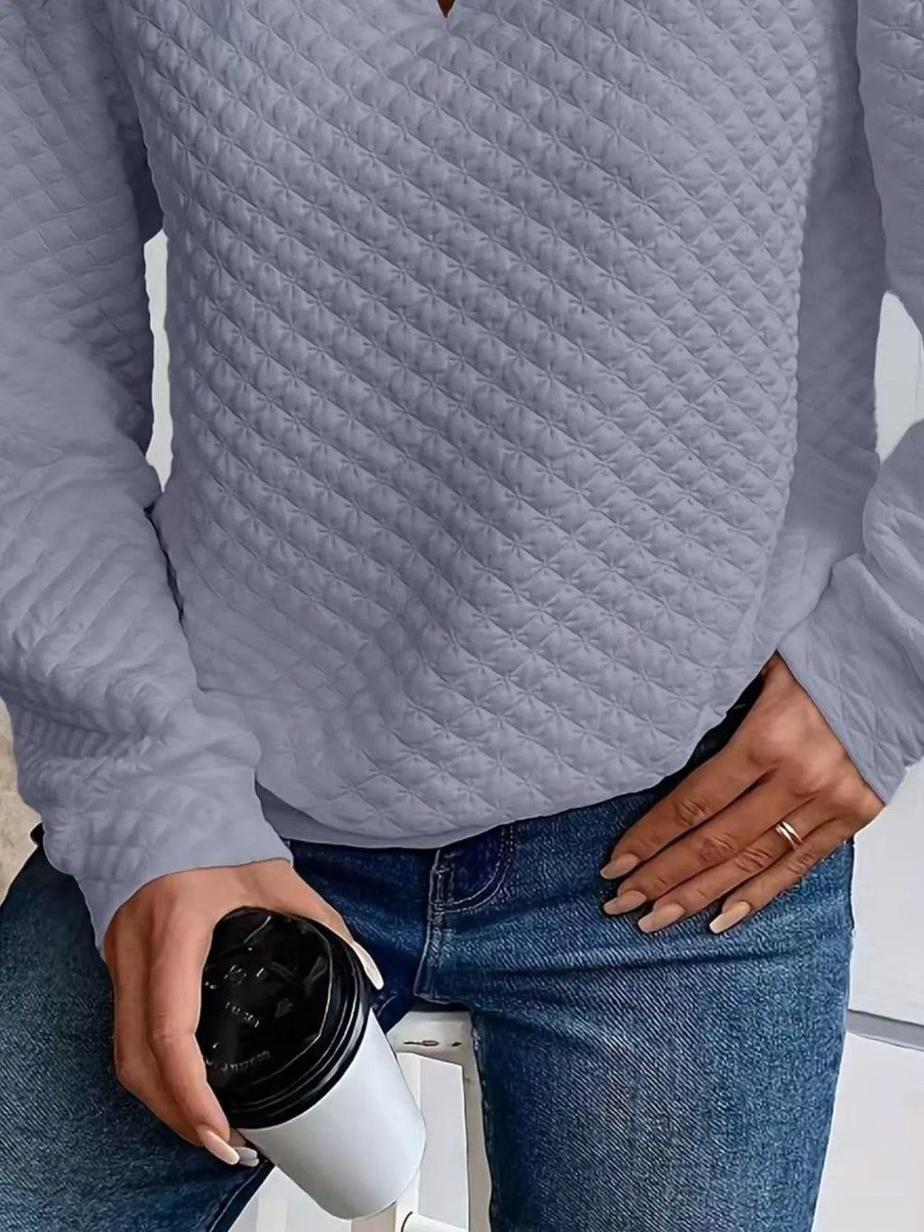 Textured Notched Raglan Sleeve Sweatshirt