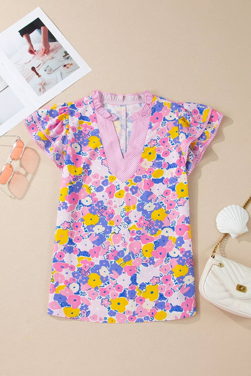 Floral Print Striped Color Block Patchwork V Neck Flutter Sleeve Blouse