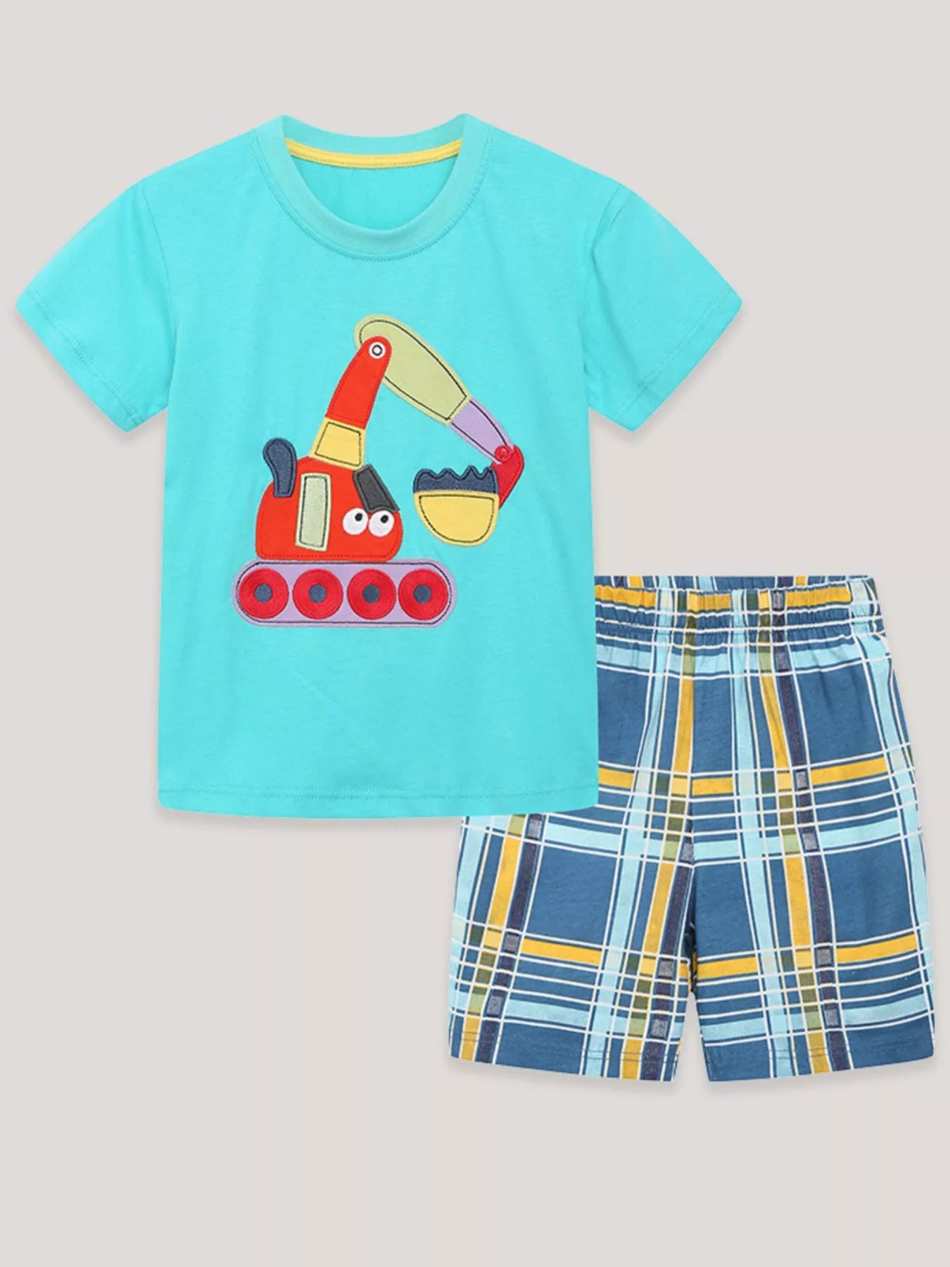 Children's Excavator Short Sleeve Tee and Plaid Shorts Set