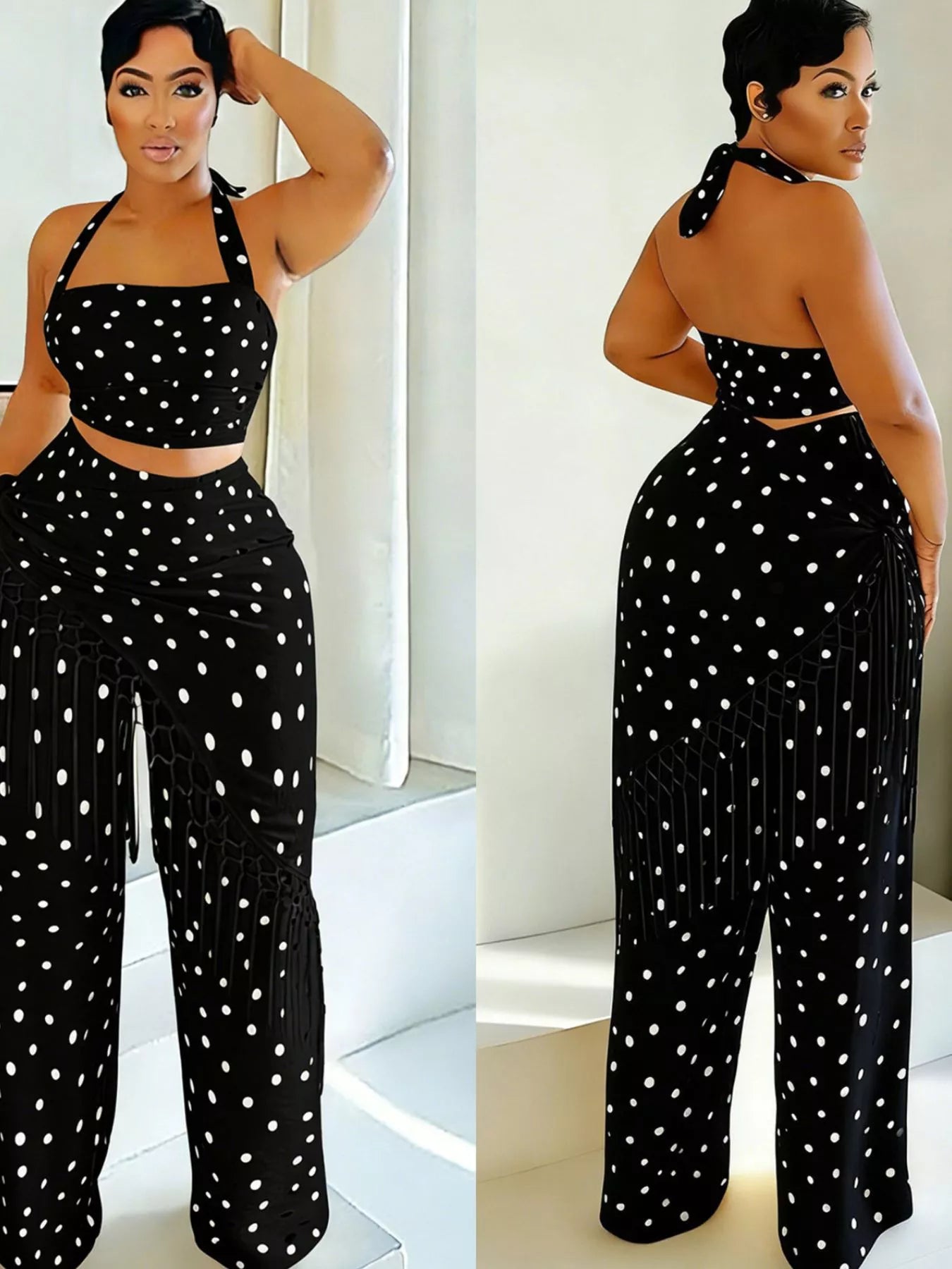 Polka Dot Halter Neck Cami and Fringe Trim Pants Set