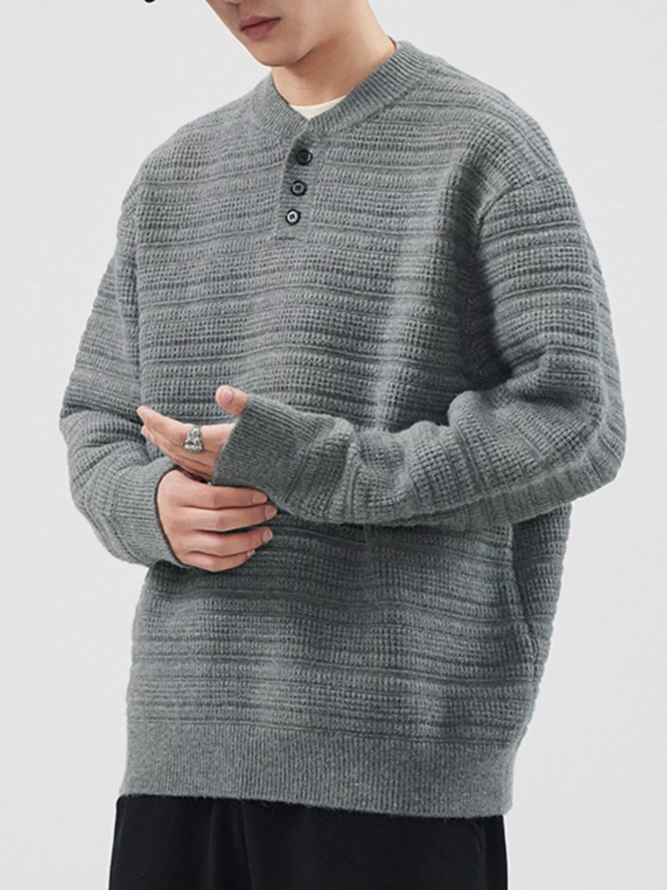 Men's Plus Size Button Detail Long Sleeve Sweater