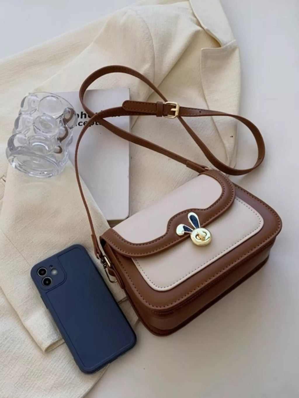 Rabbit Decor Color Block Flap Crossbody Bag