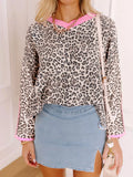 Leopard Print Contrast V Neck Varsity Stripe Detail Long Sleeve Top