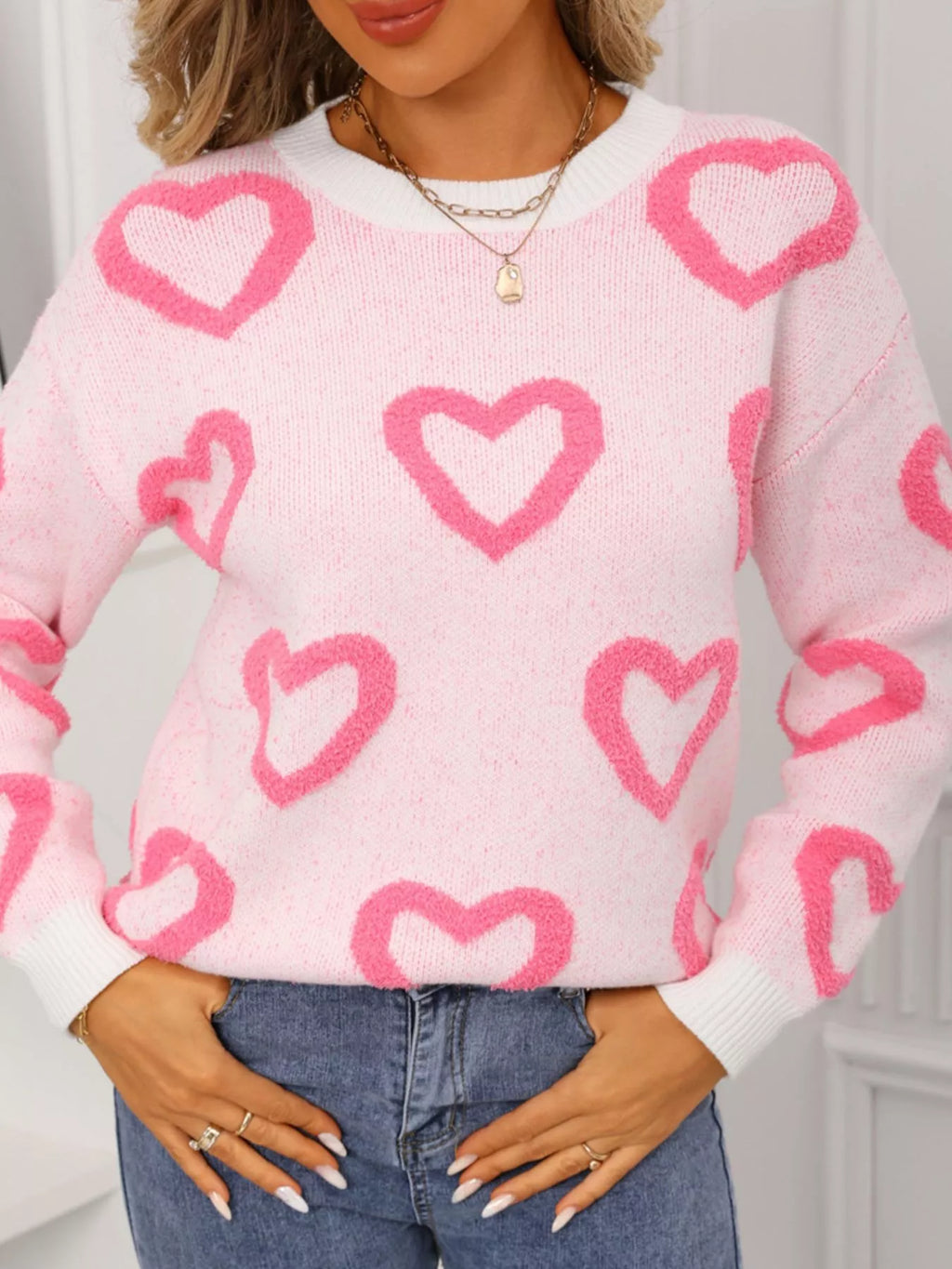 Valentine's Day Heart Pattern Round Neck Sweater
