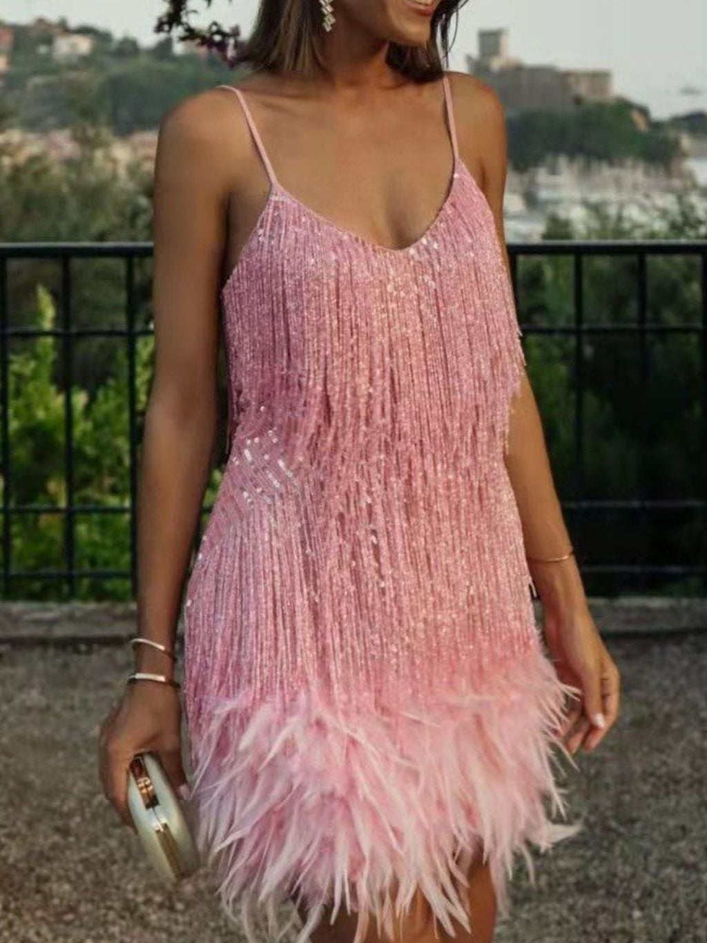 Fringe Feather Hem Mini Dress