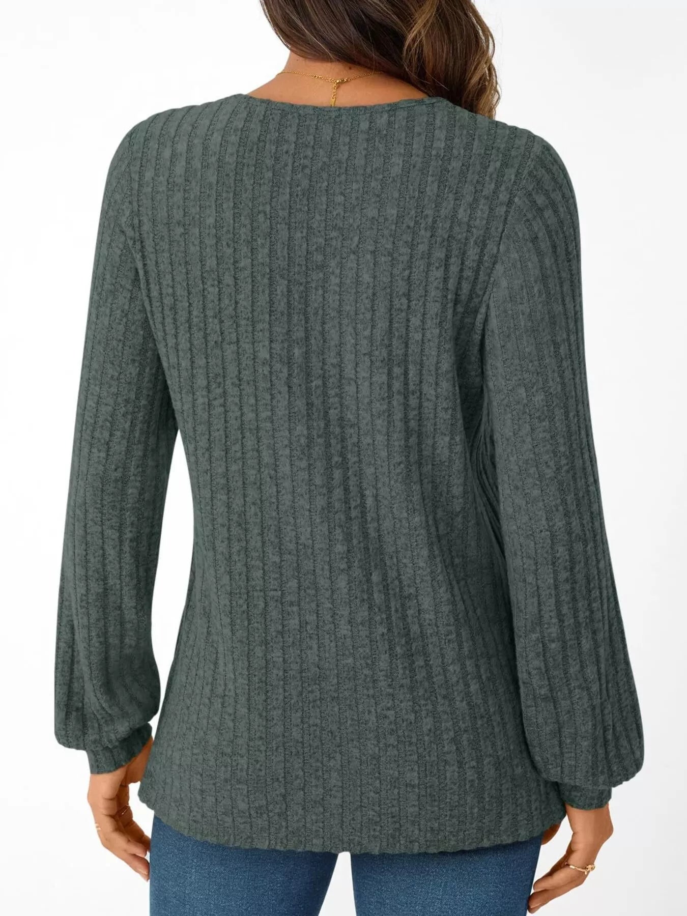 Ribbed Knit V-Neck Long Sleeve T-Shirt