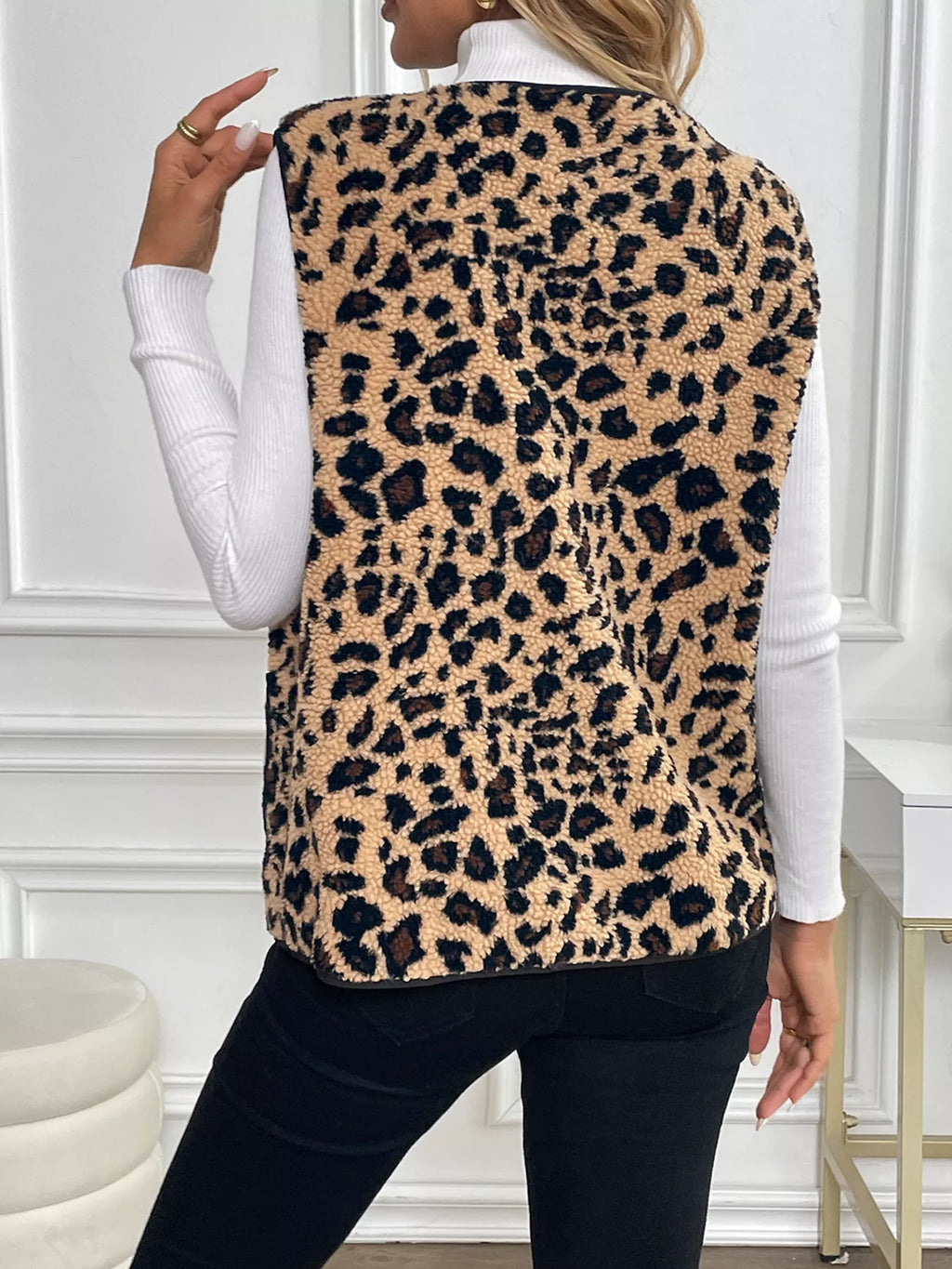 Leopard Fleece Vest Coat with Pockets