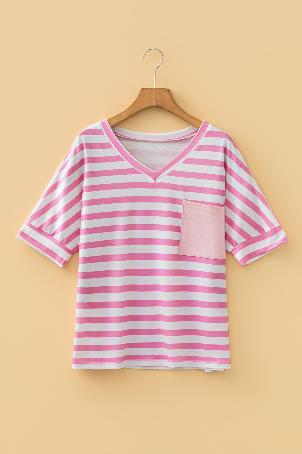 Stripe V Neck Patched Pocket Casual T Shirt