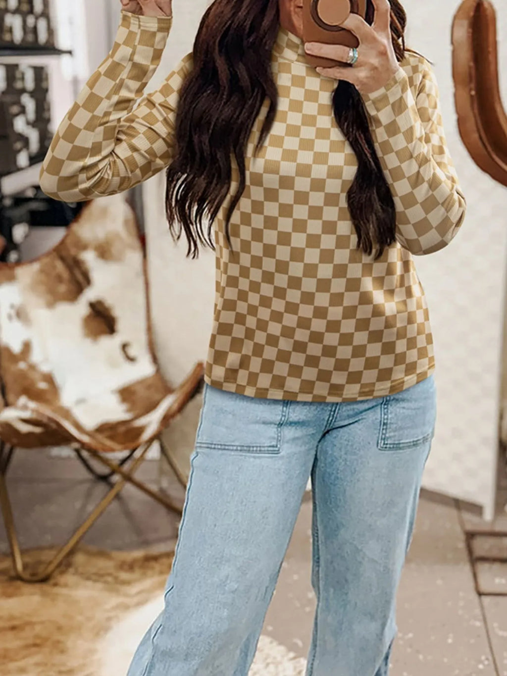 Check Pattern Turtleneck Slim Long Sleeve Tee