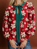 Contrast Tied Neck Shirred Puff Sleeve Flower Blouse