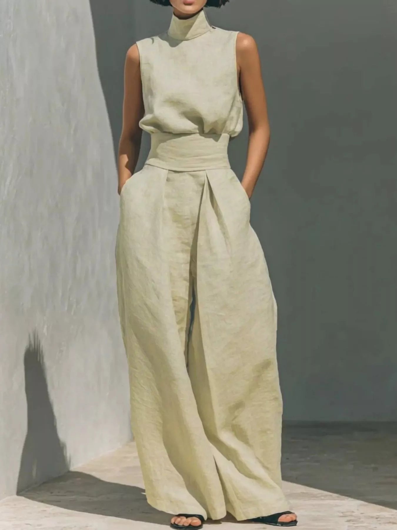Turtleneck Sleeveless Top and Wide-Leg Pants Set
