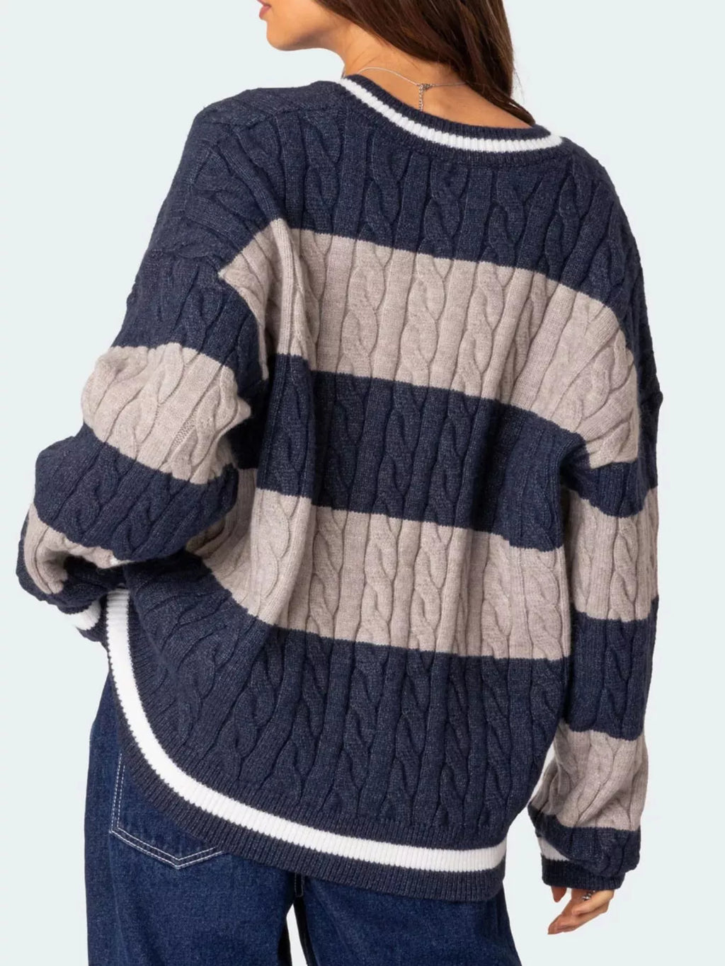 Striped Cable Knit V-Neck Sweater
