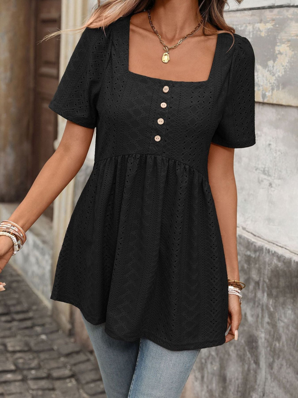 Eyelet Square Neck Short Sleeve Top