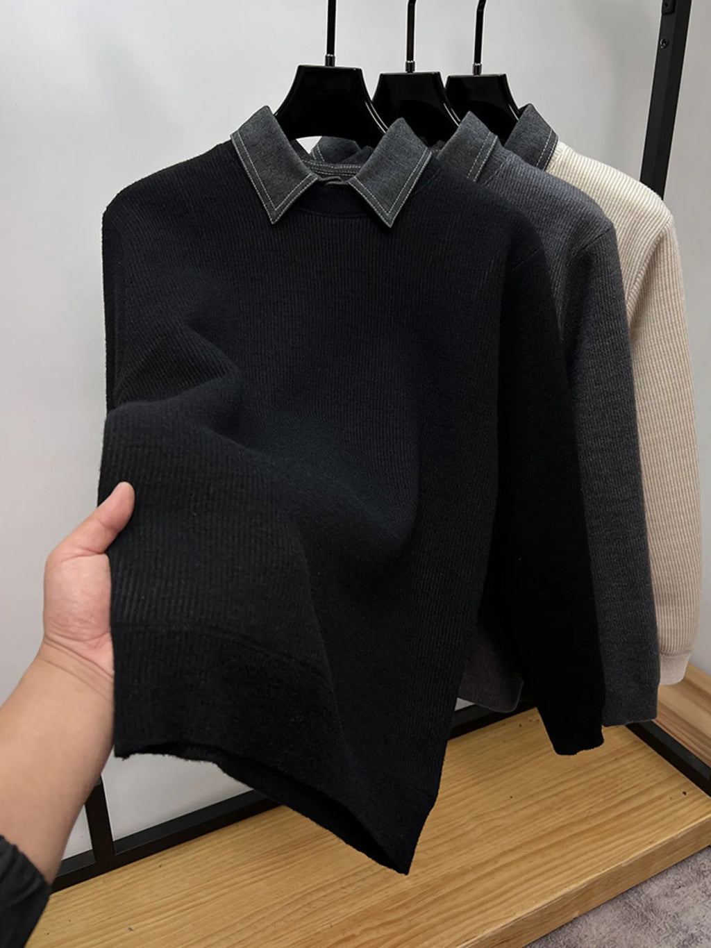Men's Plus Size Ribbed Knit Collared Neck Sweater