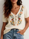 Floral Embroidered Short Sleeve Sweater