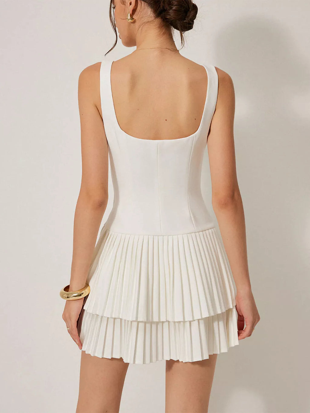Square Neck Pleated Mini Dress