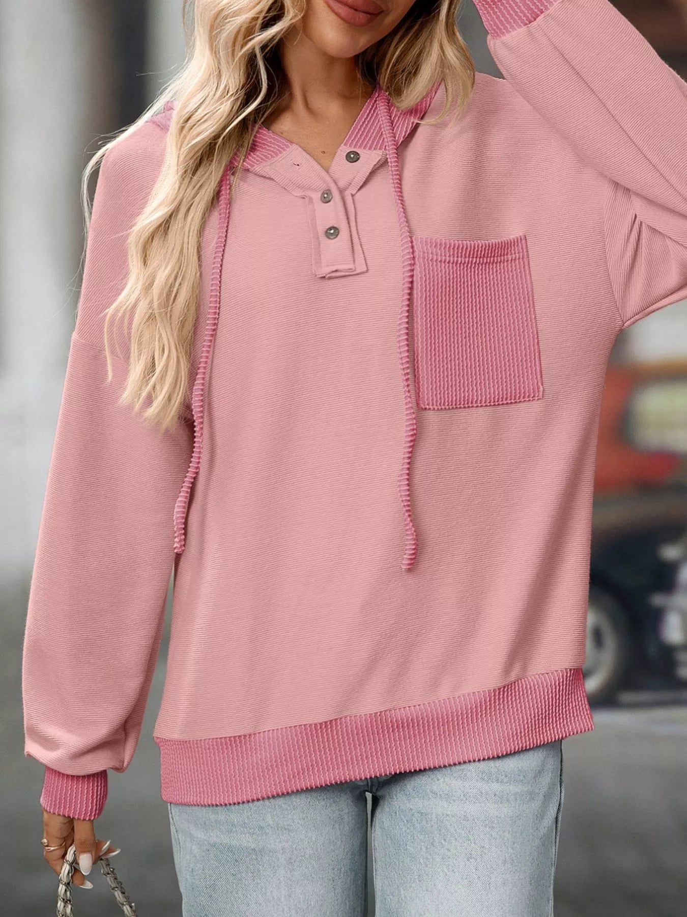 Casual Color Block Button Detail Hoodie