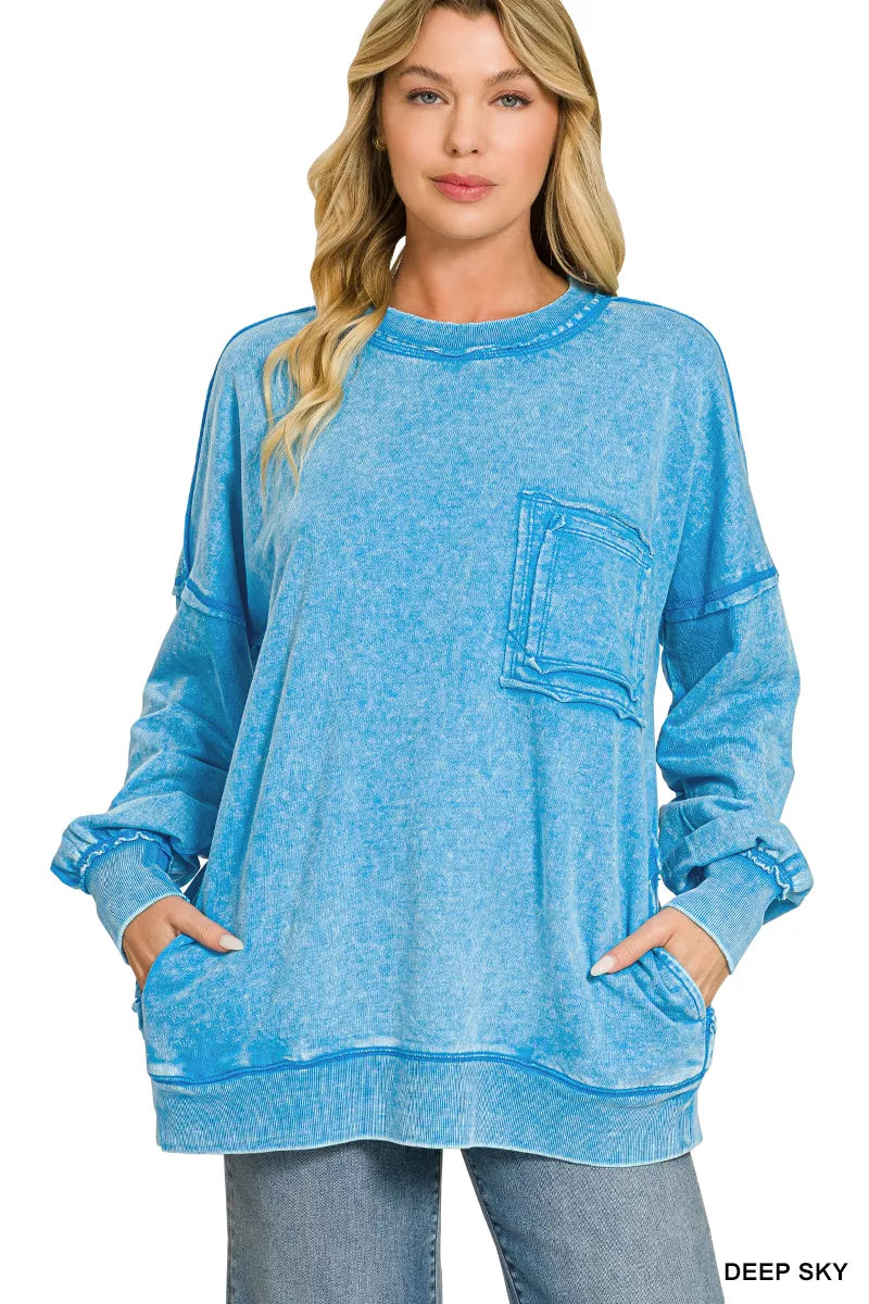 Zenana Acid Wash Raw Edge French Terry Sweatshirt with Front Pocket