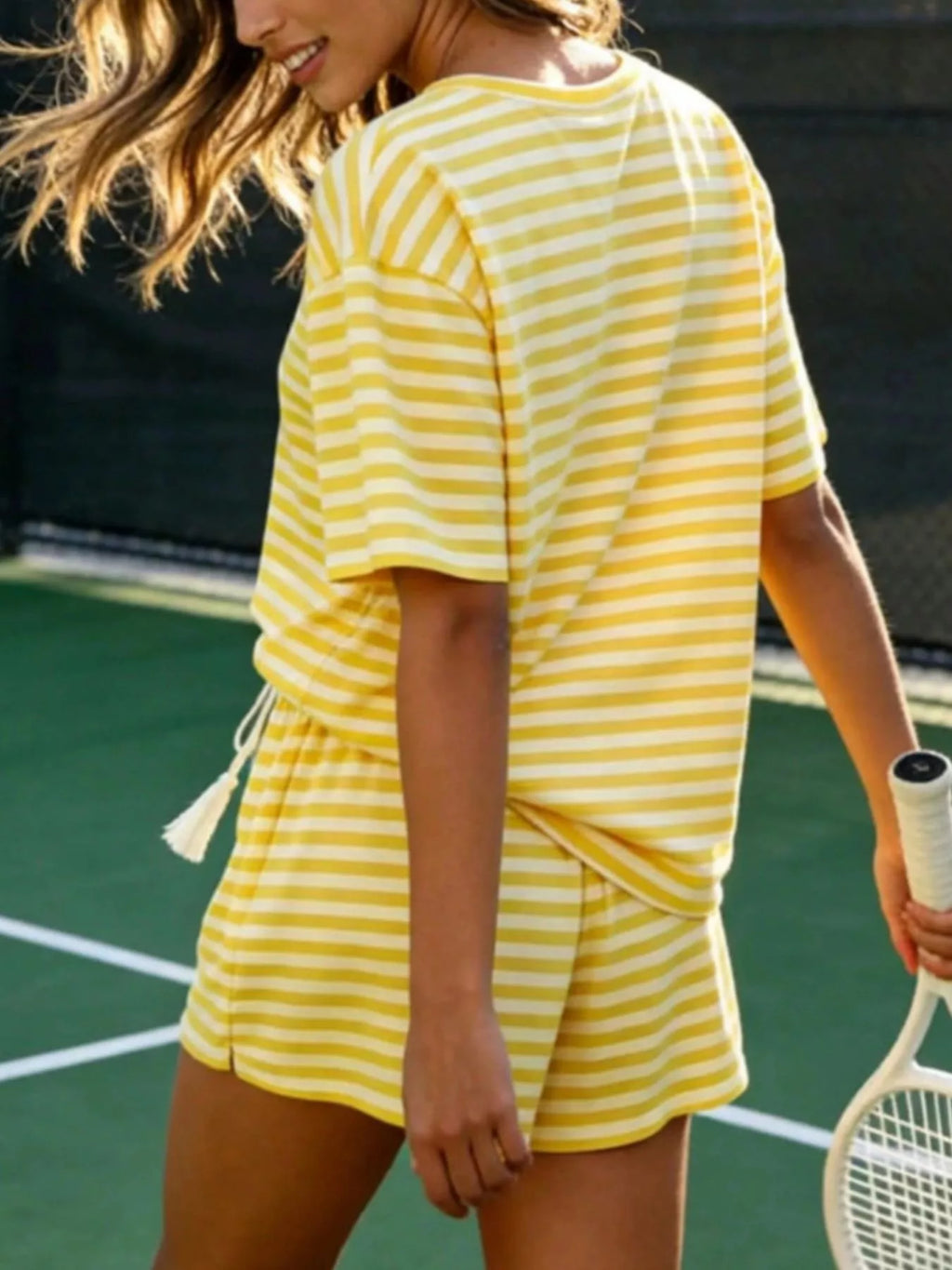 Striped Short Sleeve Tee and Drawstring Shorts Set