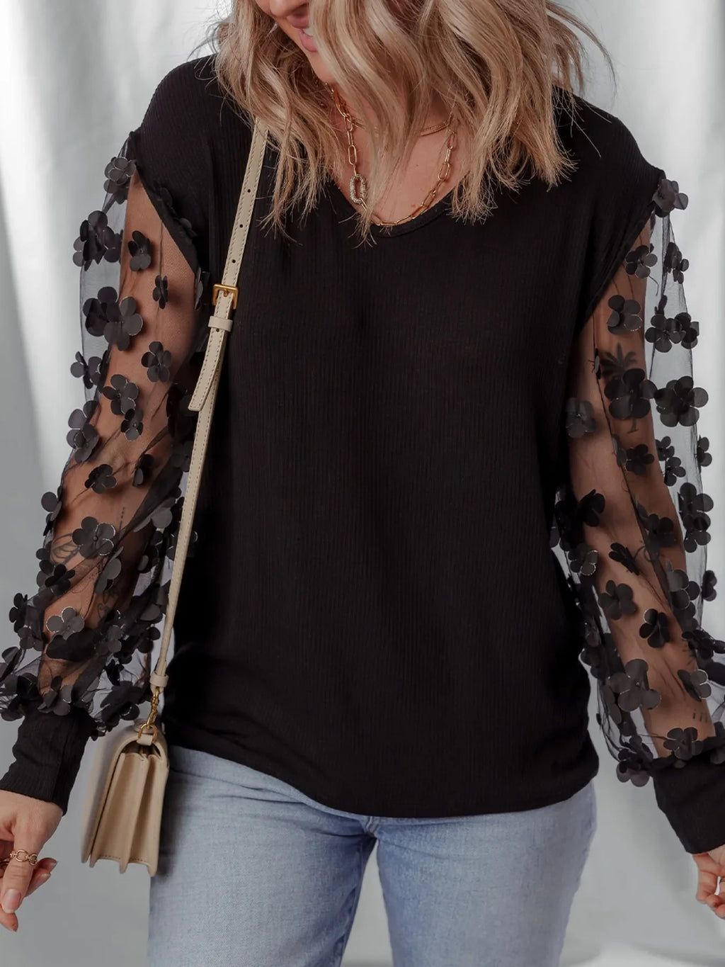 Flower Sheer Sleeve V-Neck Blouse