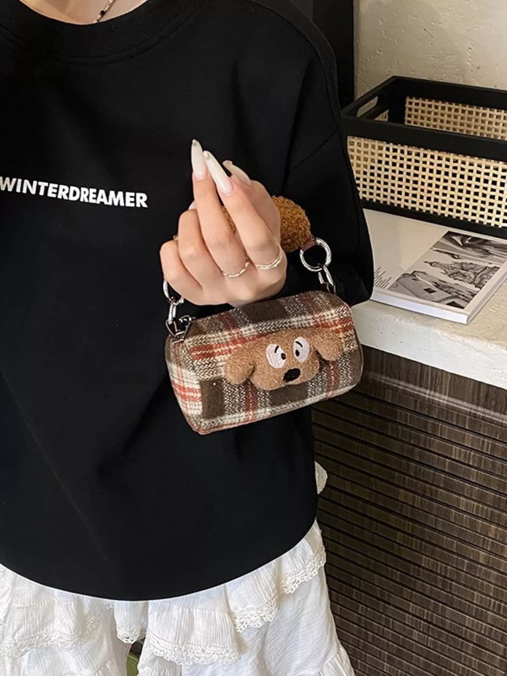 Plaid Pattern Plush Trim Crossbody Bag