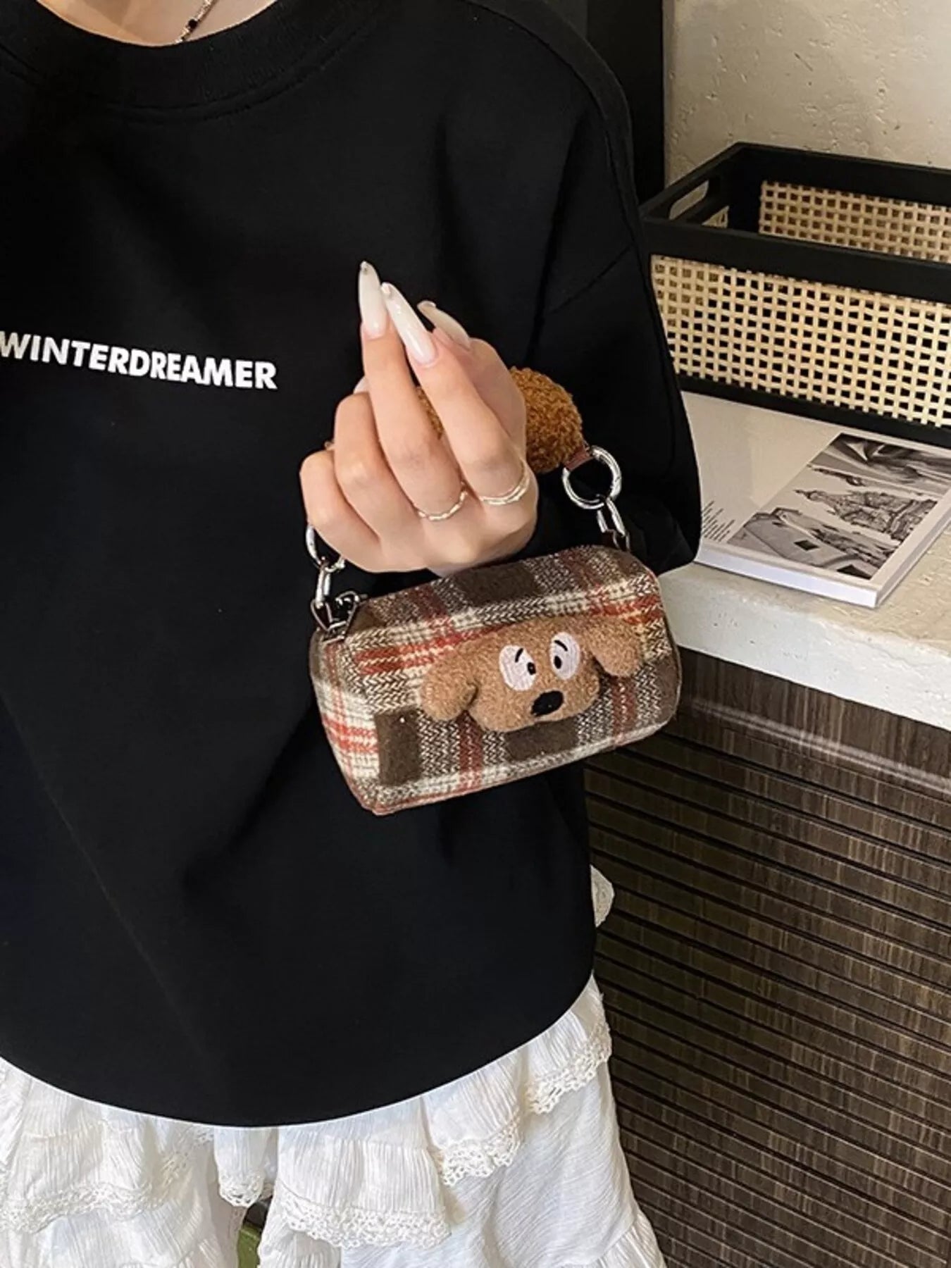 Plaid Pattern Plush Trim Crossbody Bag