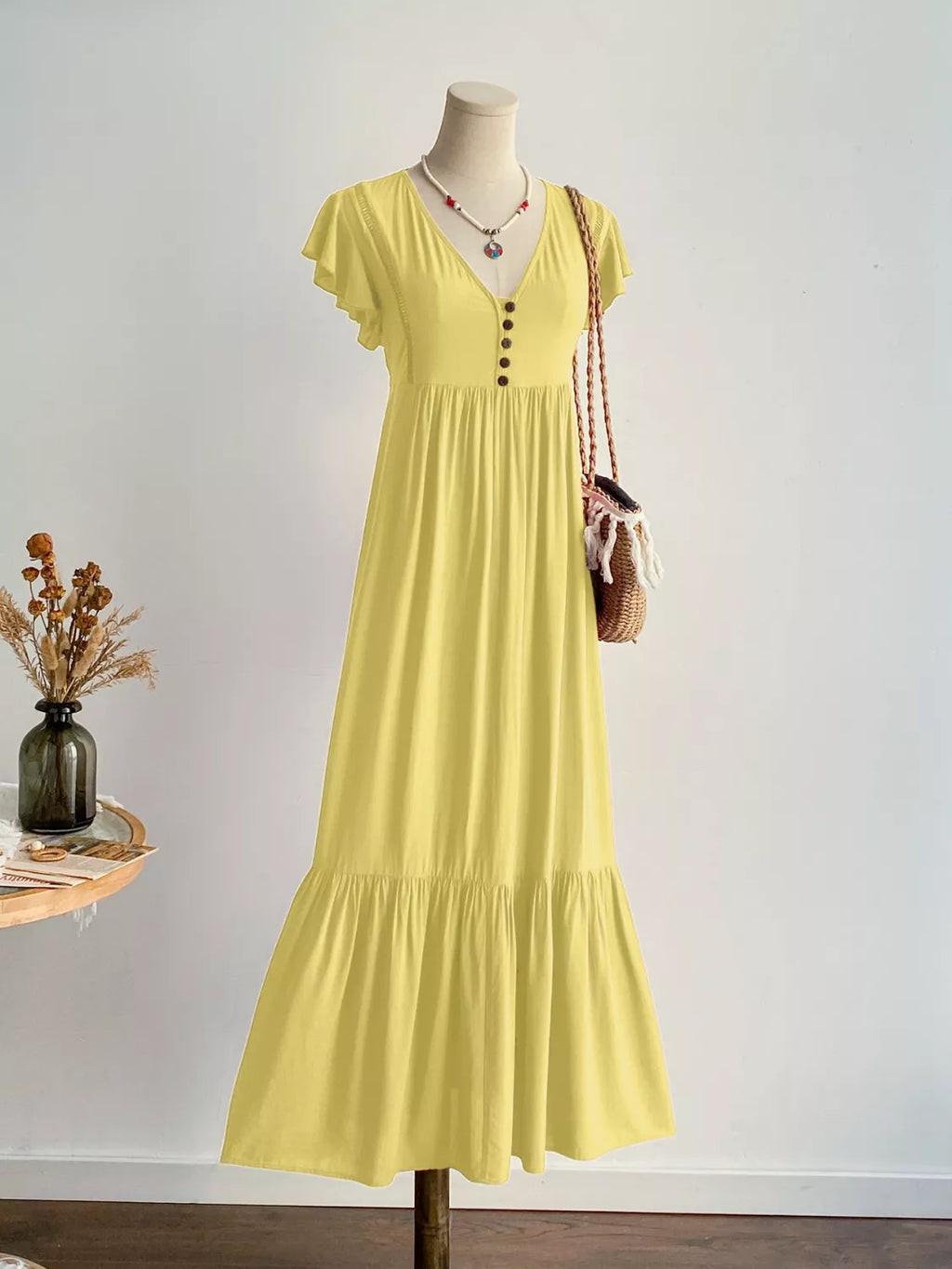 Flutter Sleeve Button Front Maxi Dress