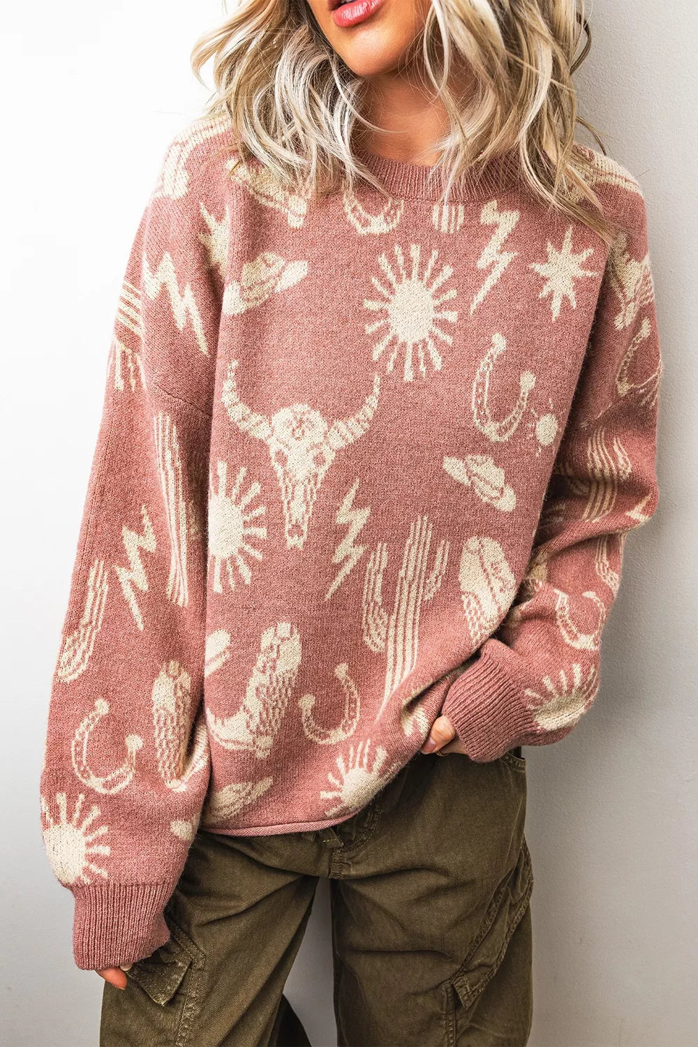 Western Graphic Round Neck Sweater