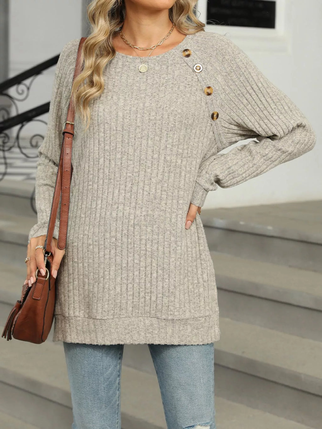 Round Neck Side Slit Ribbed Knit Top with Asymmetric Button Detail