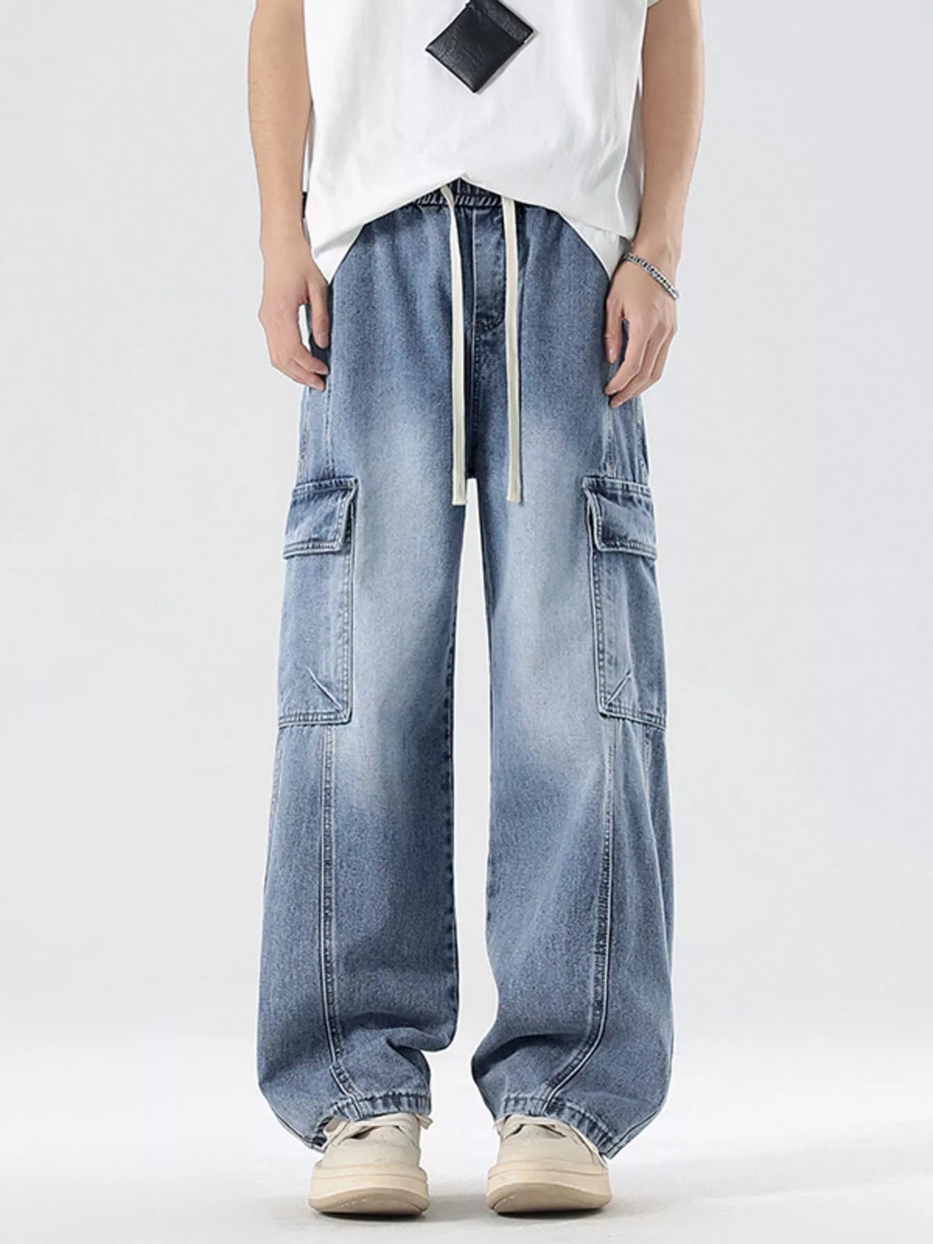 Men's Plus Size Wash Wide Leg Cargo Jeans