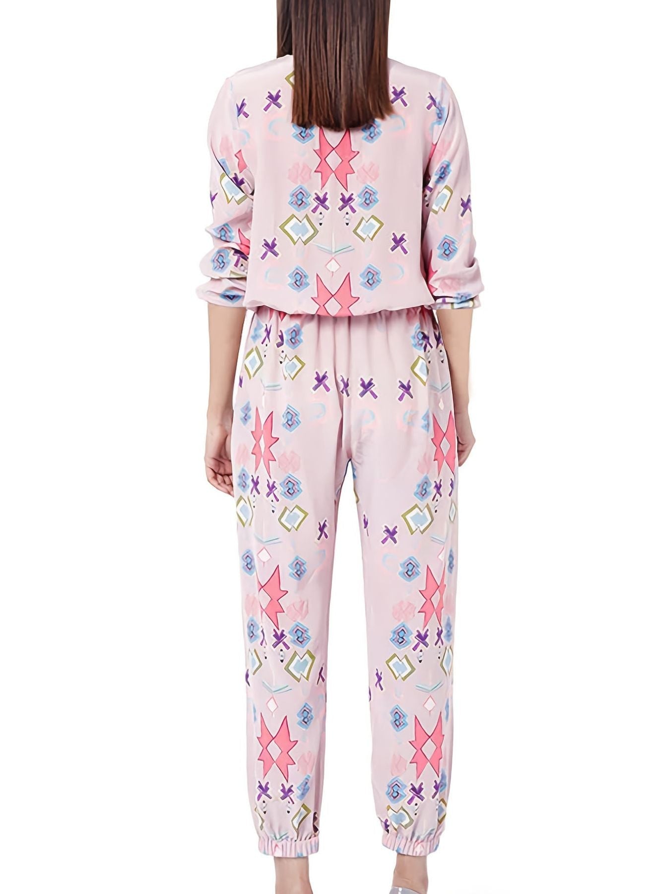 Printed Round Neck Long Sleeve Top and Pants Lounge Set