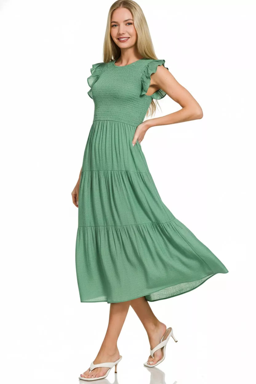 Zenana Woven Smocked Ruffle Sleeve Midi Dress