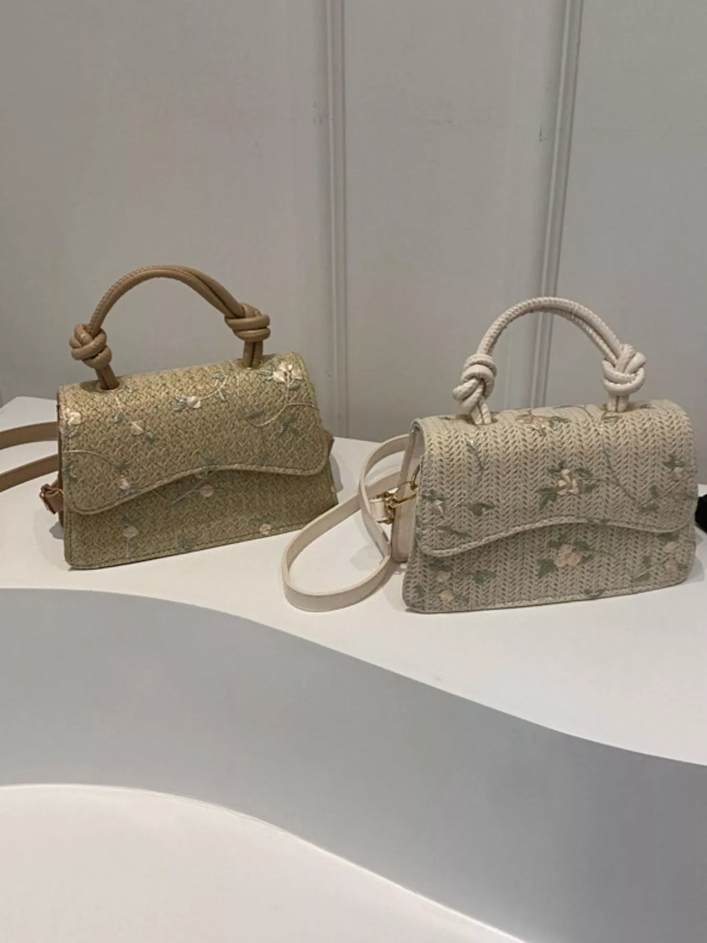 Floral Embroidered Straw Woven Crossbody Bag