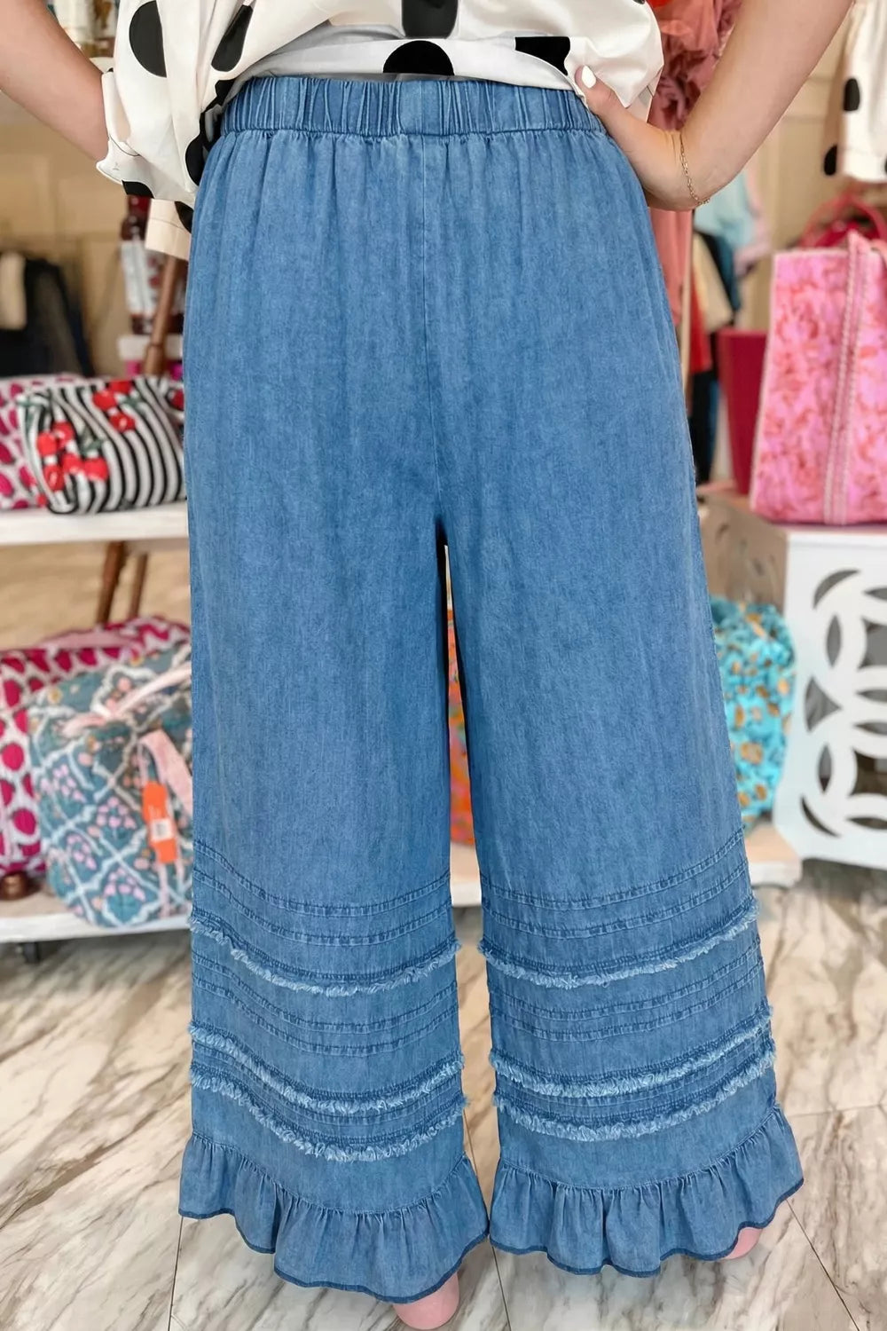 Ruffled Hem Wide Leg Chambray Pants