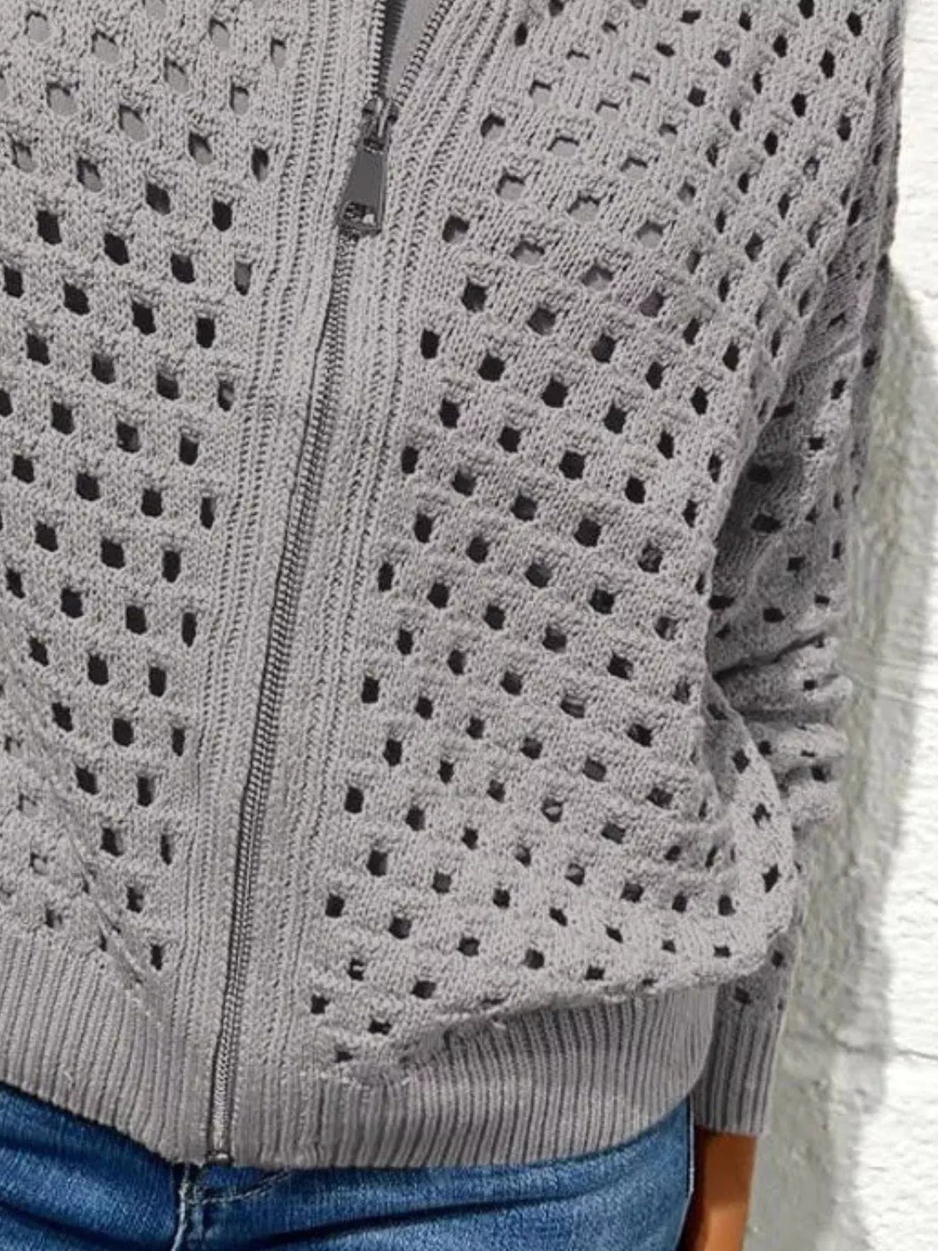 Full Size Zip Up Long Sleeve Cardigan with Eyelet Detail Plus Size