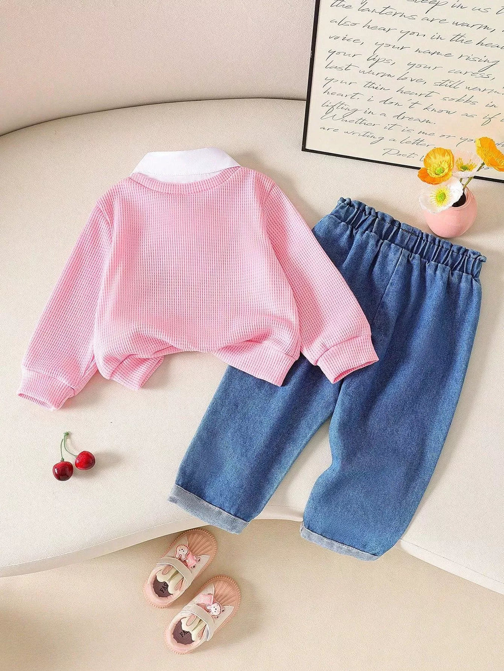 Children's Cherry Embroidered Knit Top and Jeans Set