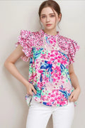 Floral Mixed Print Ruffle Cap Sleeve Blouse