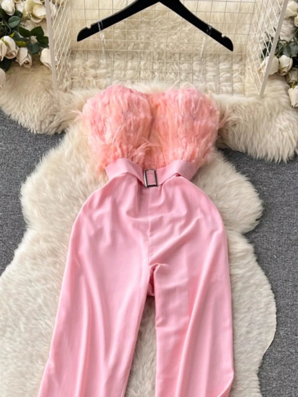Feather Trim Strapless Wide Leg Jumpsuit