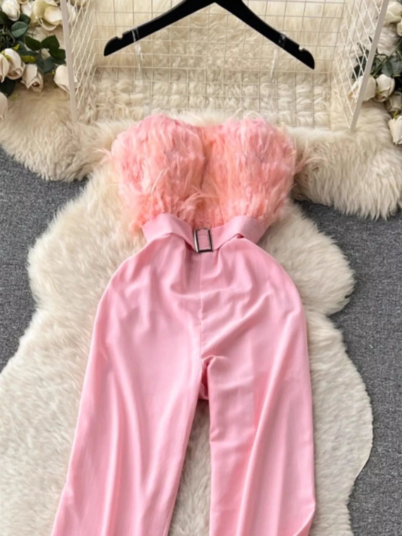 Feather Trim Strapless Wide Leg Jumpsuit