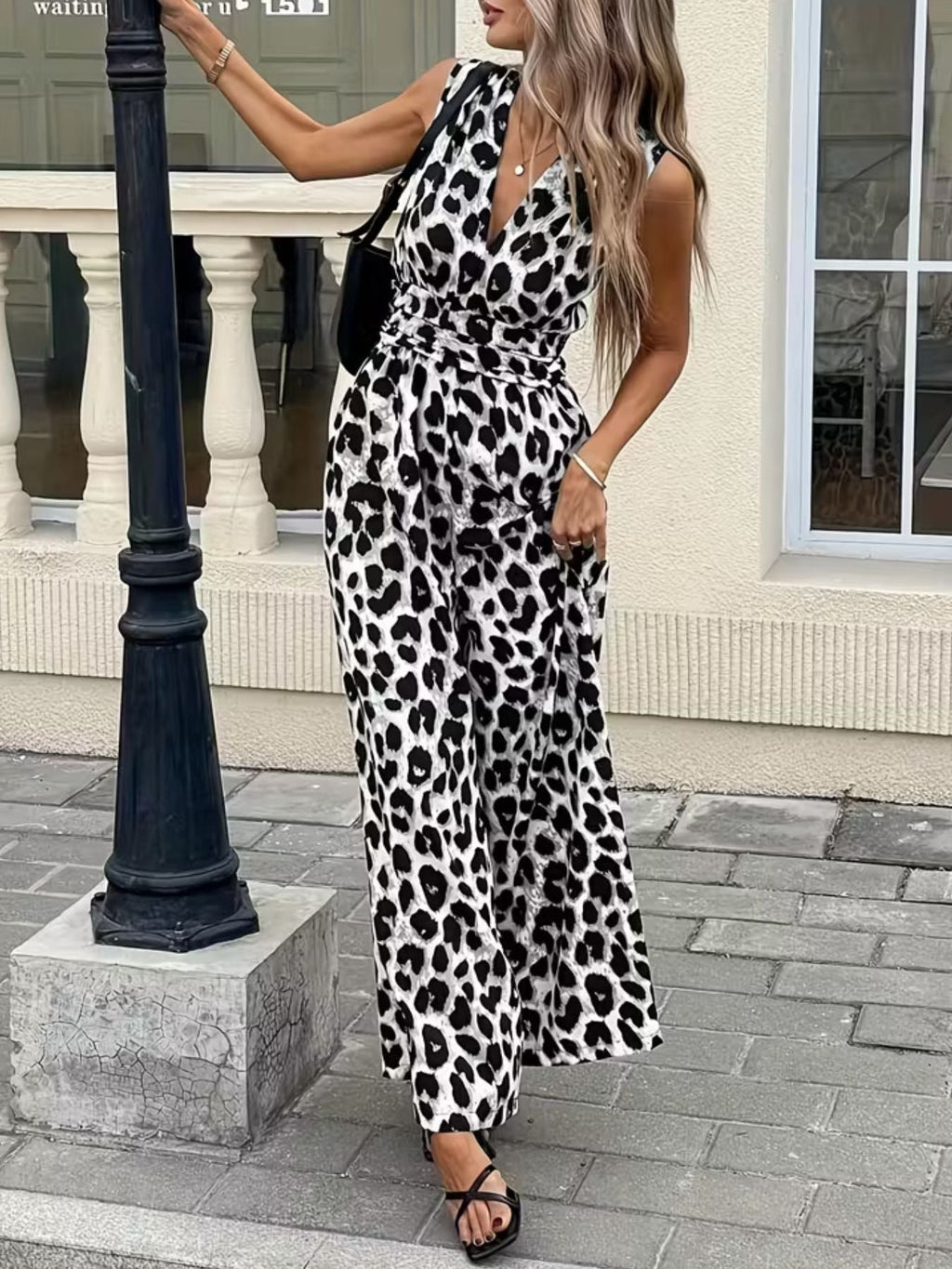 Sleeveless V-Neck Leopard Print Wide Leg Jumpsuit