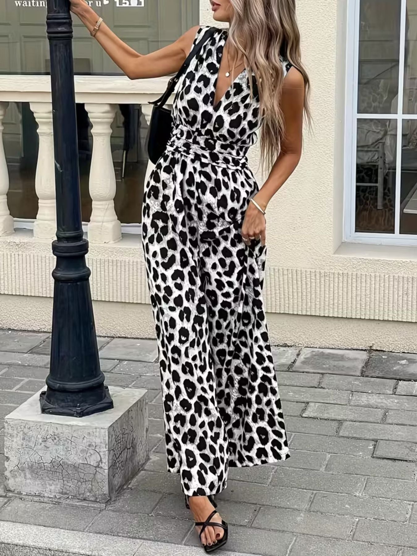 Sleeveless V-Neck Leopard Print Wide Leg Jumpsuit