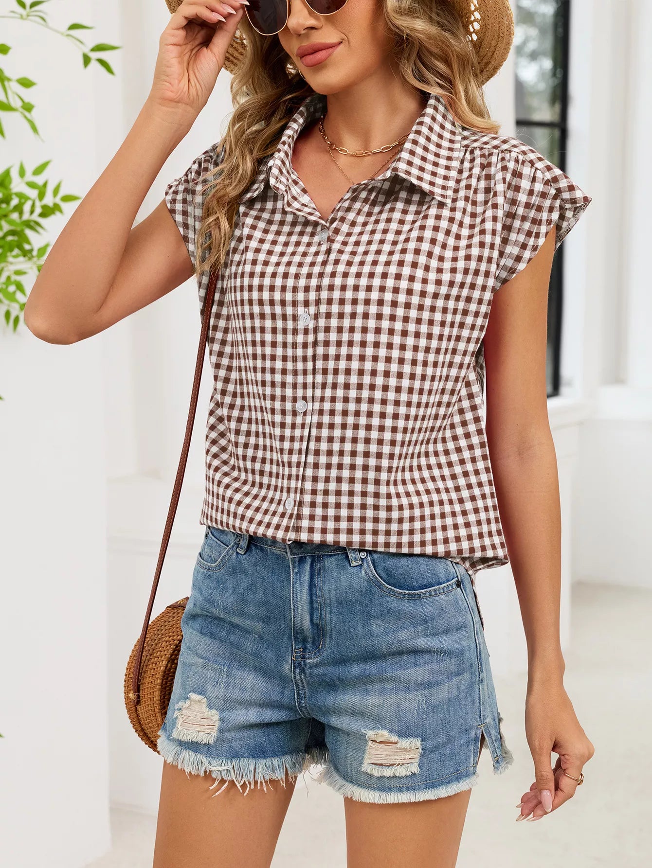 Plaid Button Up Cap Sleeve Shirt